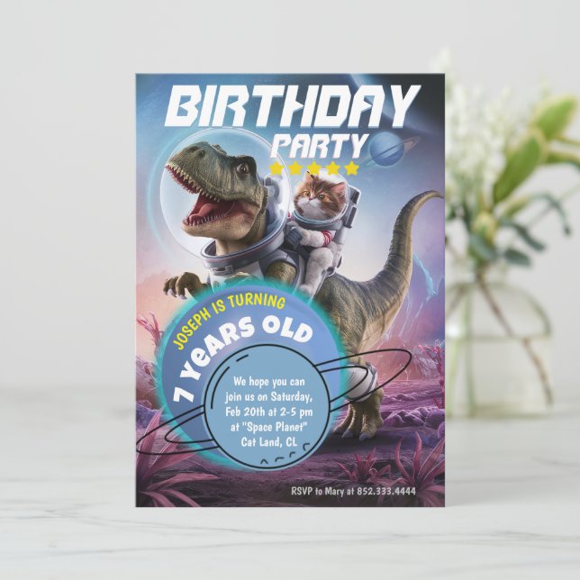 Convites Dinossauro e Festa de aniversário do Astronauta Ga (Em pé/Frente)