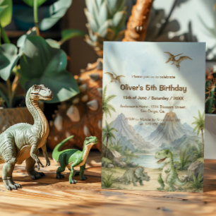 Convites Dinossauro em Aquarela com Paisagem Pré-Histórica