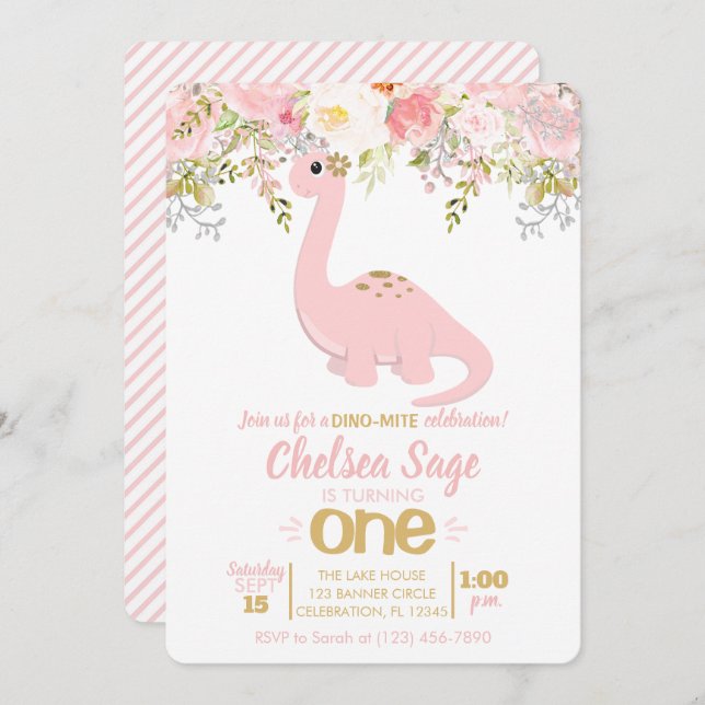 Convites Dinossauro Floral de Dinossauro Rosa e Dourada Ani (Frente/Verso)