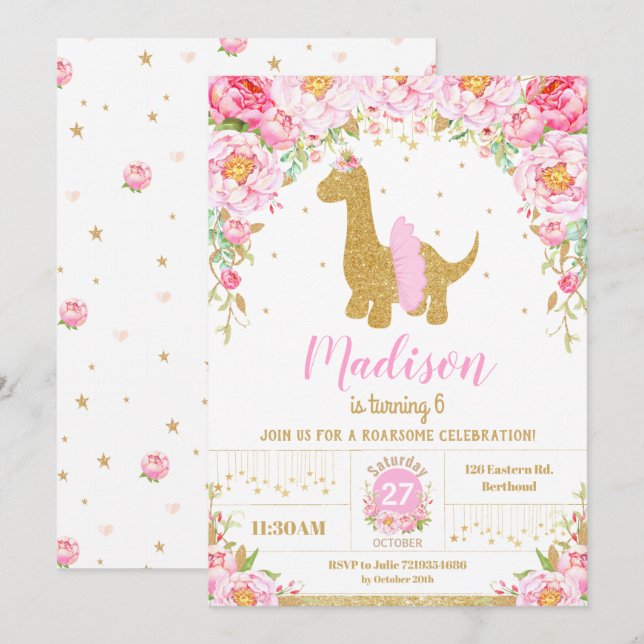 Convites Dinossauro Floral Rosa Brachiosaurus Birthday Girl (Frente/Verso)