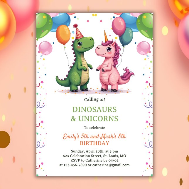 Convites Dinossauro Mágico e Aniversário de criança Conjunt (Magical Dinosaur & Unicorn Joint Kids Birthday Invitation)