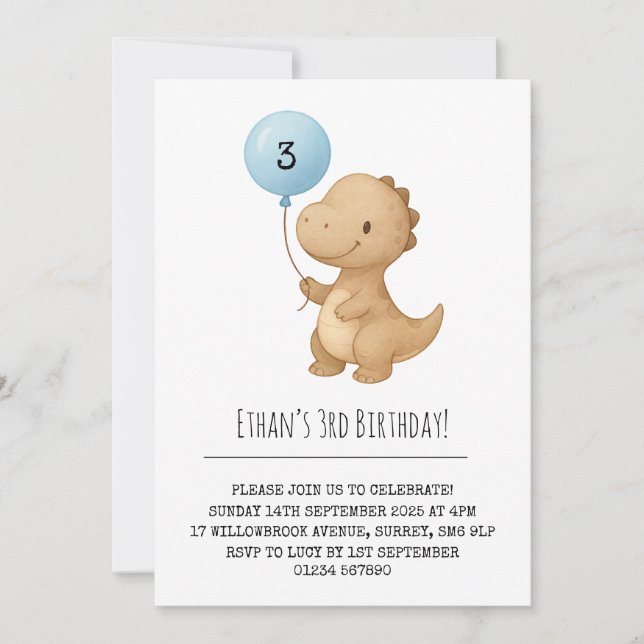 Convites Dinossauro Marrom com Balão Azul Aniversário (Frente)