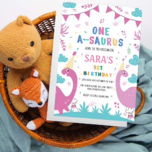 Convites Dinossauro primeiro aniversario Escuro e Rosa clar
