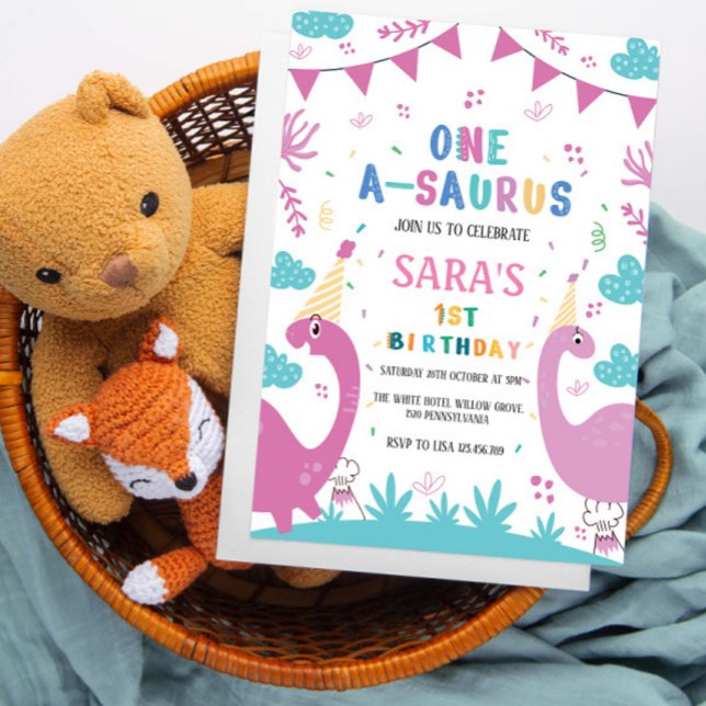 Convites Dinossauro primeiro aniversario Escuro e Rosa clar (Criador carregado)