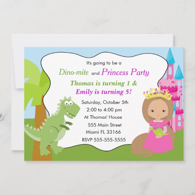Convites Dinossauro Princesa Aniversário de criança de Conv (Frente)