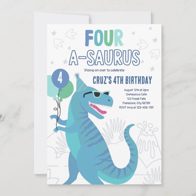 Convites Dinossauro Quatro A-Saurus 4º Festa de Aniversário (Frente)