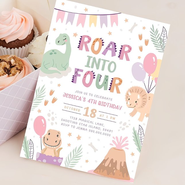 Convites Dinossauro Rapariga 4.º Aniversário Convide Um Beb (Criador carregado)