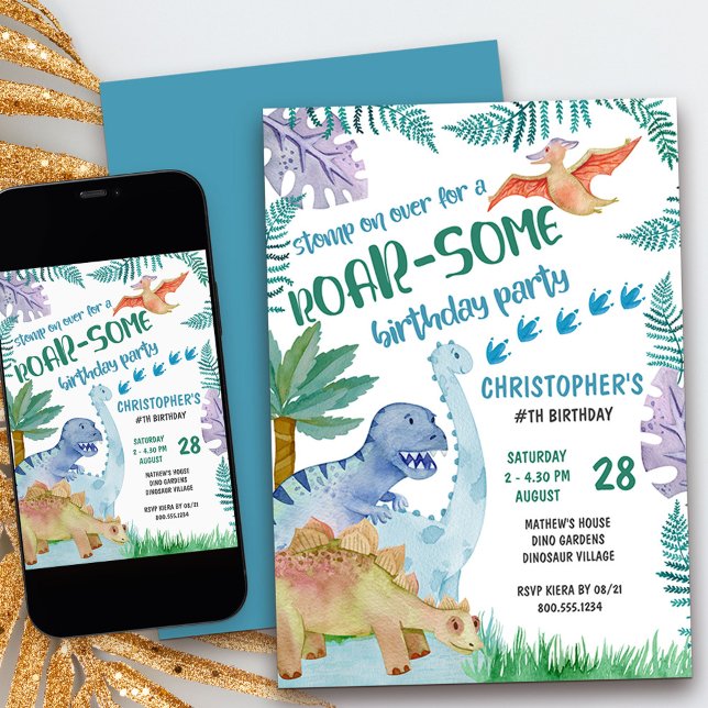 Convites Dinossauro Roar-Alguns Rapazes Festas de aniversár (kids dinosaur birthday invitation -  invite your friends to stomp on over for a roar-some party)