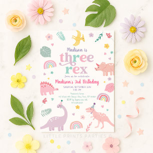 Convites Dinossauro Rosa Girassol Três Rex Aniversário