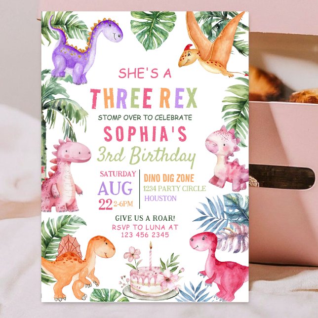 Convites Dinossauro Rosa Três Rex GIRL Aniversário (Criador carregado)