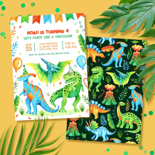 Convites Dinossauro T rex Boys Festa de aniversário Waterco (Dinosaur Boys Birthday Party Watercolor Invitation)