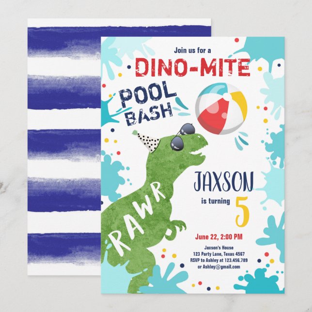 Convites Dinossauro T-Rex Dino Mite Piscina Bash Boy Blue P (Frente/Verso)