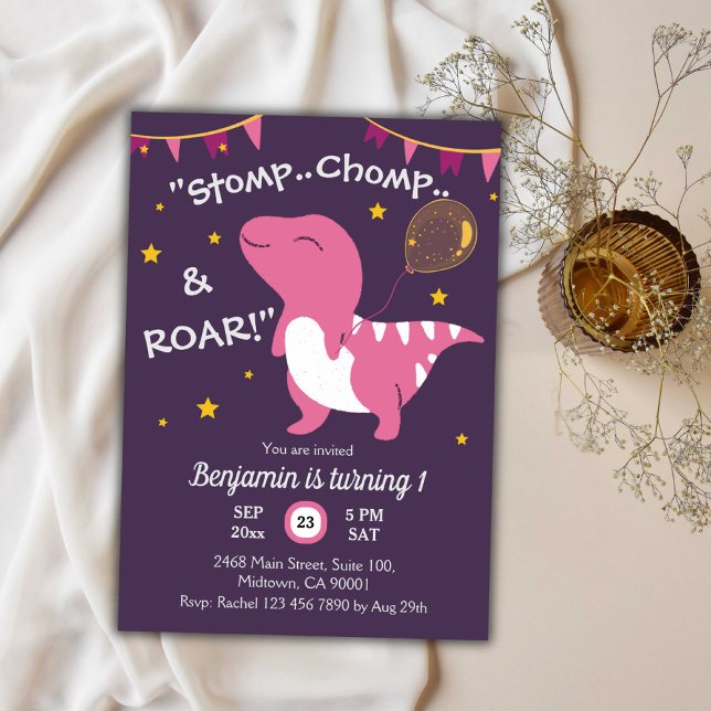 Convites Dinossauro tematizado Stomp, Chomp & Roar! primeir (Criador carregado)