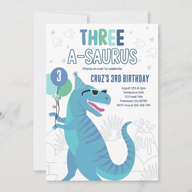 Convites Dinossauro Três A-Saurus aniversário de 3 anos do  (Frente)