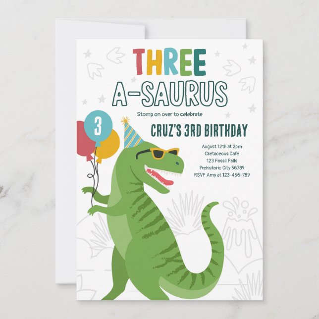 Convites Dinossauro Três A-Saurus aniversário de 3 anos do  (Frente)