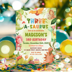 Convites Dinossauro Três-A-Saurus Greenery aniversário de 3