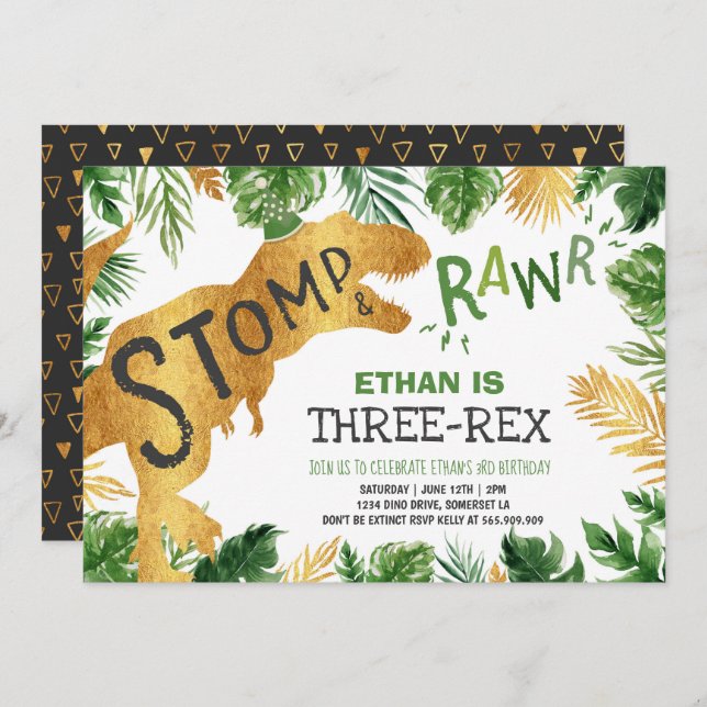 Convites Dinossauro, Três Rex, Aniversário, Garoto Dino (Frente/Verso)