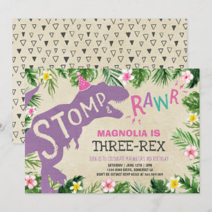 Convites Dinossauro Três Rex Aniversário Rapariga Dino