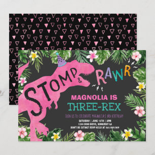 Convites Dinossauro Três Rex Aniversário Rapariga Dino