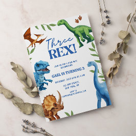 Convites Dinossauro Três Rex Greenery Aniversário