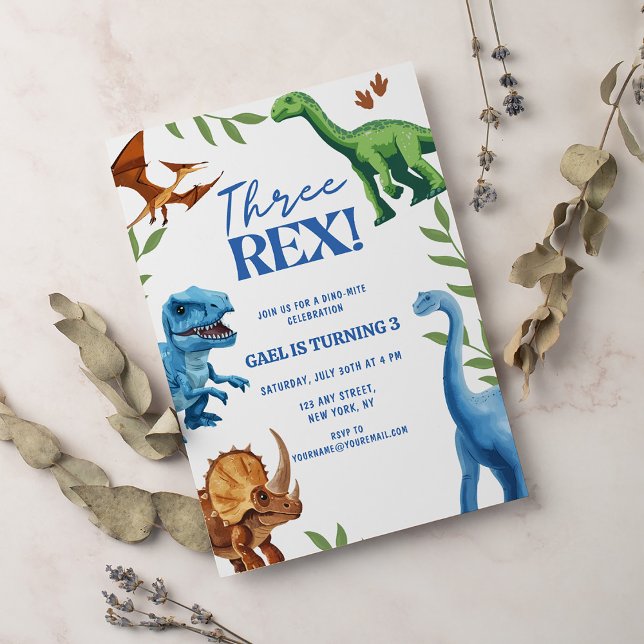 Convites Dinossauro Três Rex Greenery Aniversário (Criador carregado)