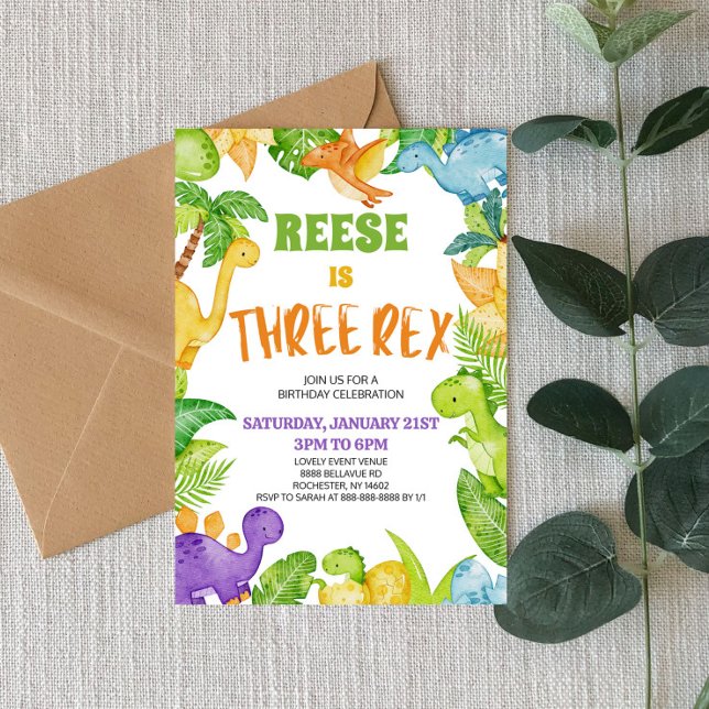 Convites Dinossauro Três Rex T-Rex 3ª Festa de aniversário (Criador carregado)