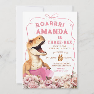 Convites Dinossauro Tríplice, Rex Floral, cor-de-rosa