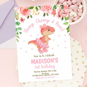 Convites Dinossauro Tutu Bailarina Rosa Floral Aniversário