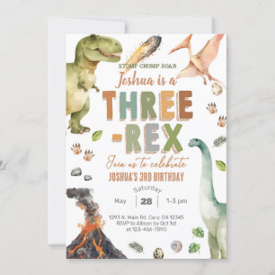 Convites Dinossauros, aniversário de 3 anos de três rex.