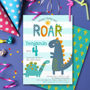 Convites Dinossauros Azuis Fofos Batem Pé, Mastigam, Rugem 