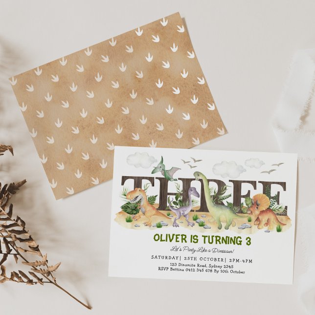 Convites Dinossauros bonitos aniversário de 3 anos Jovem Se (Criador carregado)