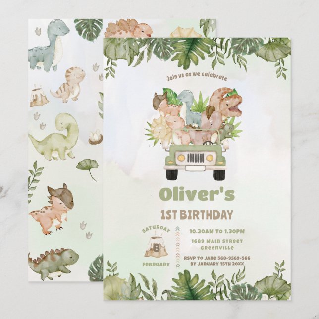 Convites Dinossauros Cutes Safari Car 1 aniversário de 3 an (Frente/Verso)