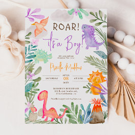 Convites Dinossauros de aquarela branca, chá de fraldas ver