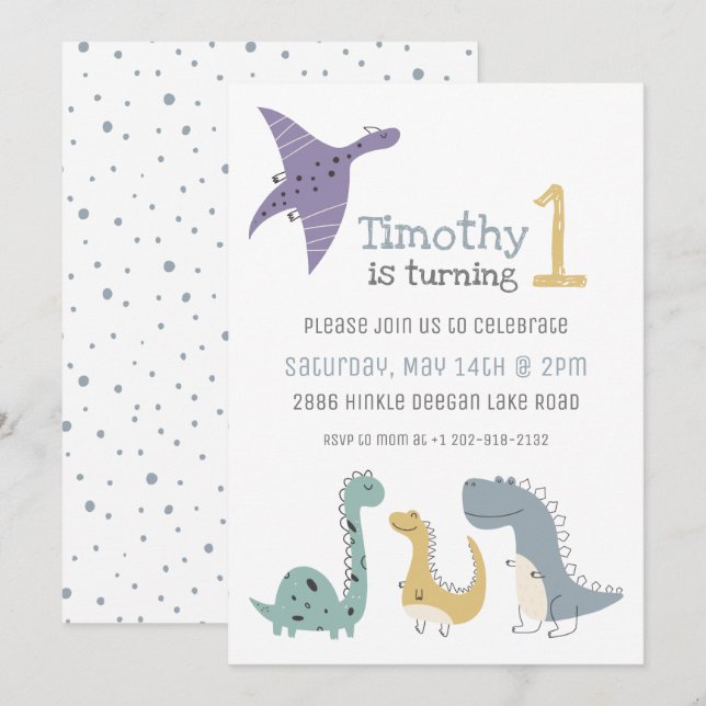 Convites Dinossauros de Pastel Cute Personalizáveis Anivers (Frente/Verso)