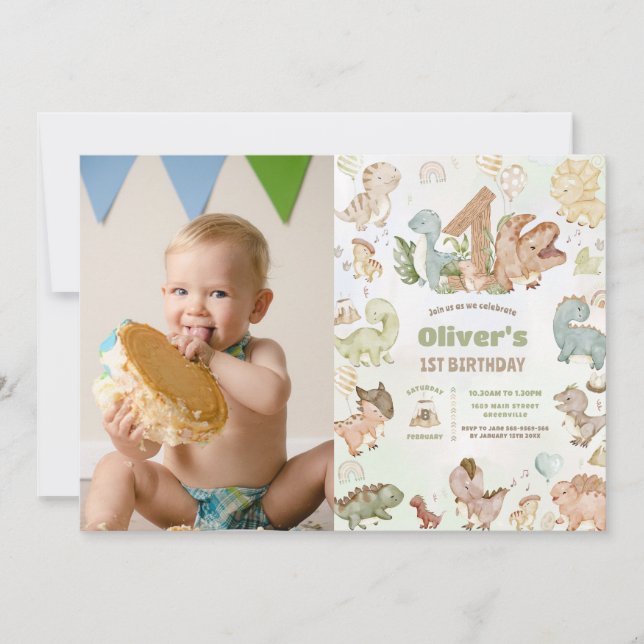 Convites Dinossauros Felizes E Bonitos 1rua Primeiro Aniver (Frente)