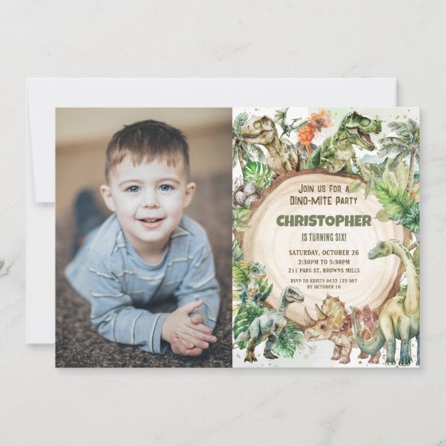Convites Dinossauros Greenery Dino-mite Foto de Festa de an (Frente)