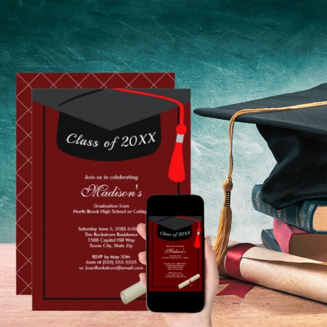 Convites Diploma de Boné Formando Preto Vermelho Simples Fe (Black Grad Cap Diploma Simple Graduation Party Red Invitation)