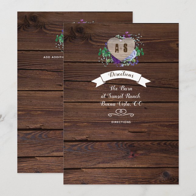 Convites Direções de Casamento Coração Rústico Flores Aquar (Frente/Verso)