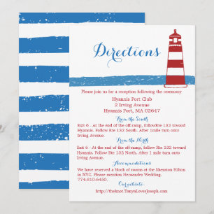 Convites Direções de Casamento Vermelho Náutico Farol Azul