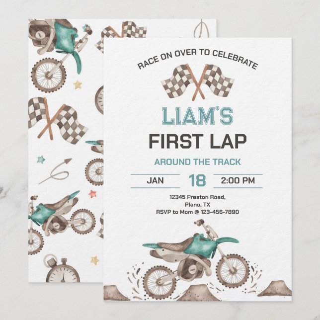 Convites Dirt Bike First Lap Birthday Party (Frente/Verso)