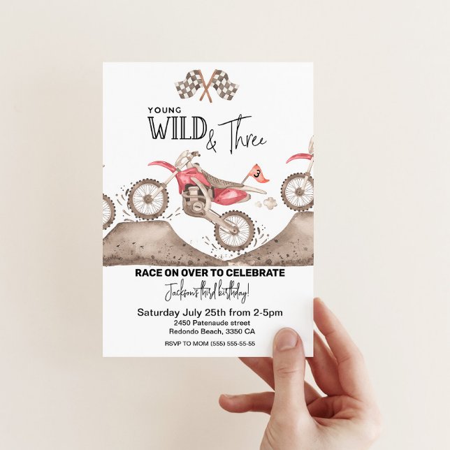 Convites Dirt Bike Young Wild e três aniversários (Red Dirt Bike, YOUNG WILD AND THREE)