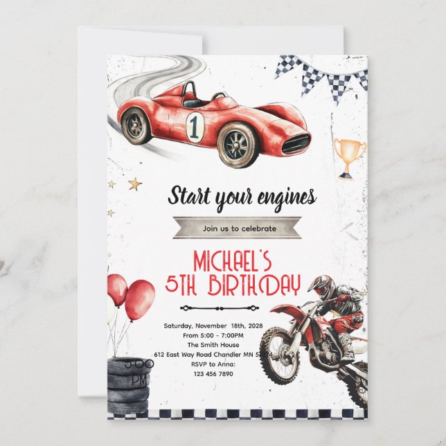 Convites Dirt Bikes and race car theme invite (Frente)