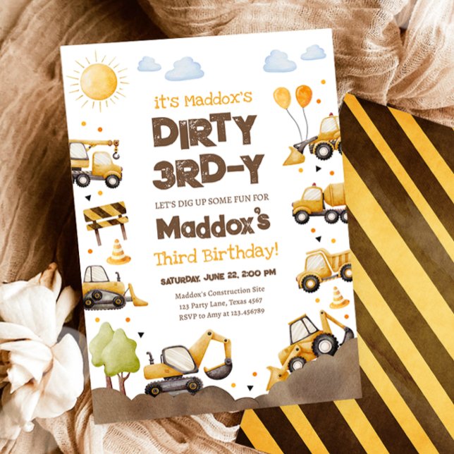 Convites Dirty 3RD-Y Construction Trucks Boy Third Birthday (Criador carregado)