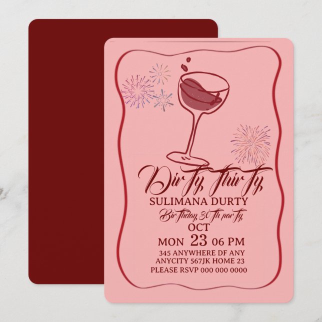 Convites Dirty thirty birthday invitation template, cherry  (Frente/Verso)