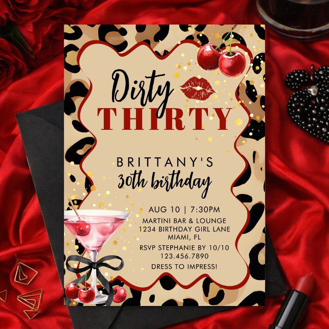 Convites Dirty Thirty Cherry Martini Glam 30º Aniversário (Criador carregado)