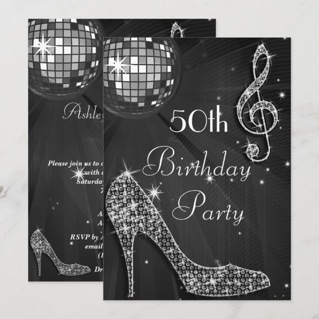 Convites Disco Ball and Heels Black 50º aniversário (Frente/Verso)