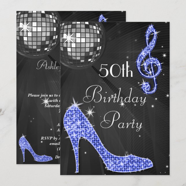 Convites Disco Ball and Heels Black & Blue 50º aniversário (Frente/Verso)