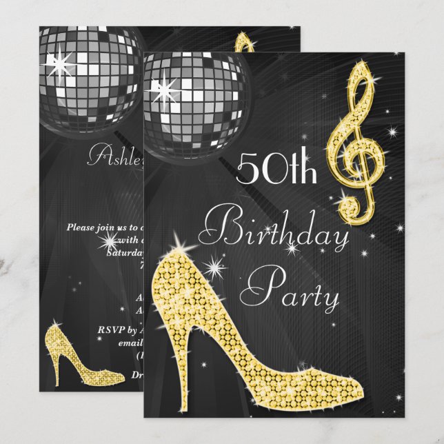 Convites Disco Ball and Heels Black & Dourado 50º aniversár (Frente/Verso)