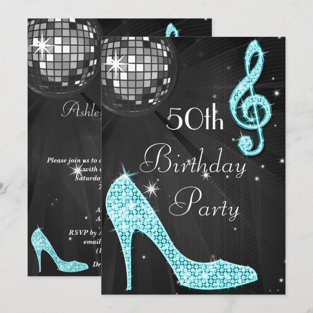 Convites Disco Ball and Heels Black & Turquoise 50th (Frente/Verso)