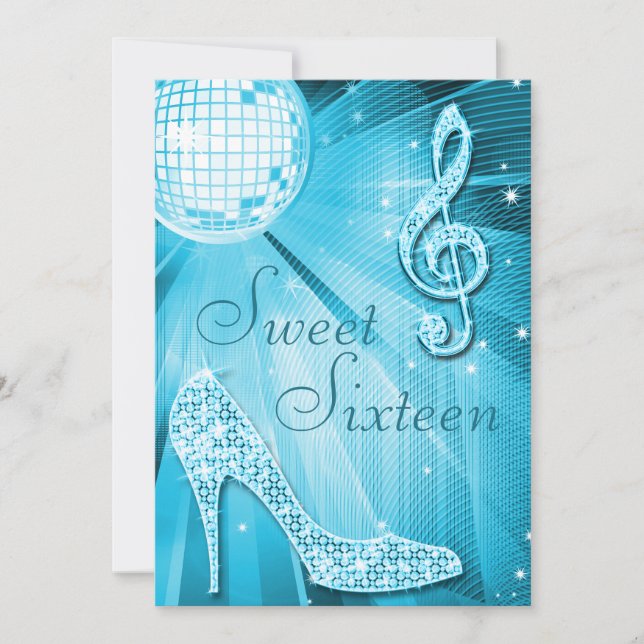 Convites Disco Ball and Sparkle Heels Sweet 16 Light Blue (Frente)